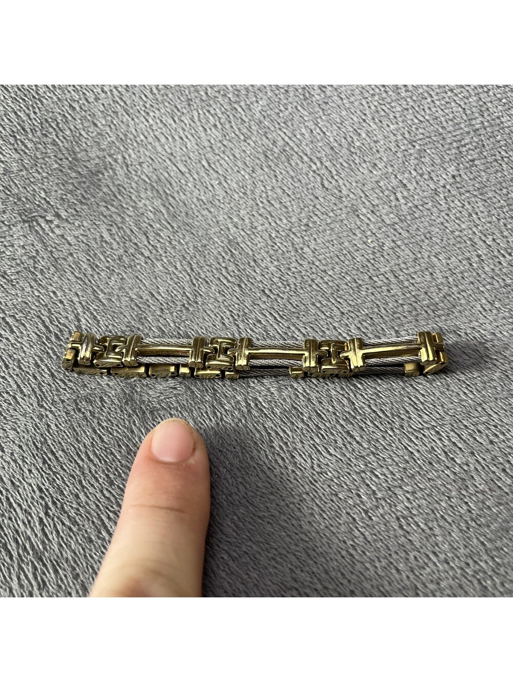 Two Tone Stainless Steel Cable Link Bracelet Gold Tone Accent Missing Repair